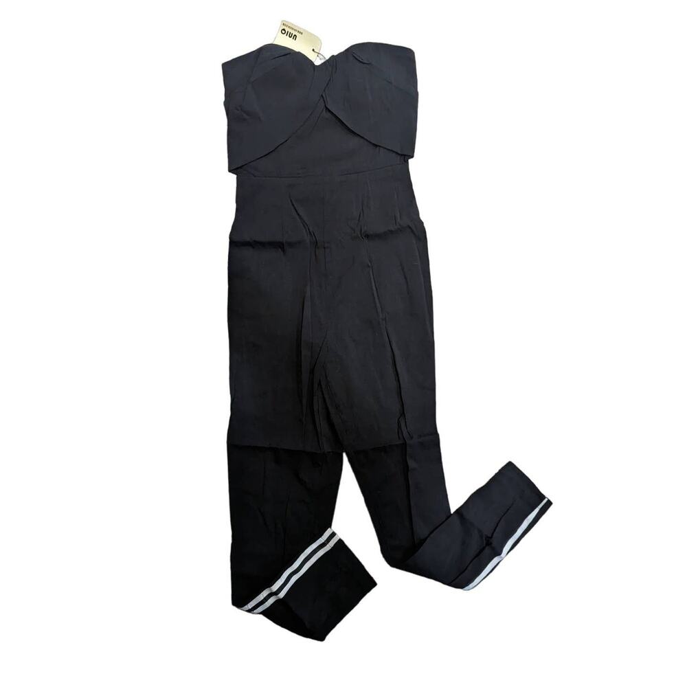 NWT Uniq Black Strapless Zipper Back Ankle Length Romper w/Side Stripes size S